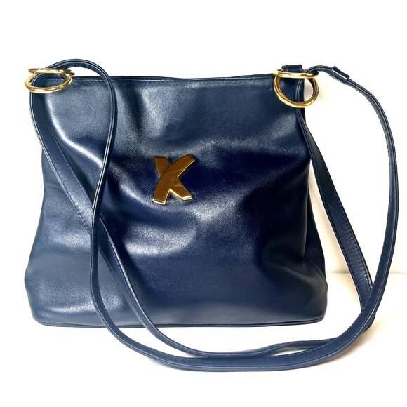 Paloma Picasso Vtg Blue Leather Gold X Shoulder Bag - Made in Italy - Minimalist - Picture 1 of 16